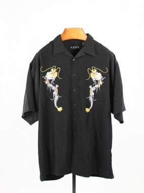 Vintage 2000's EXCO Y2K Black Embroidered Dragon Poly Satin Shirt, Size XL